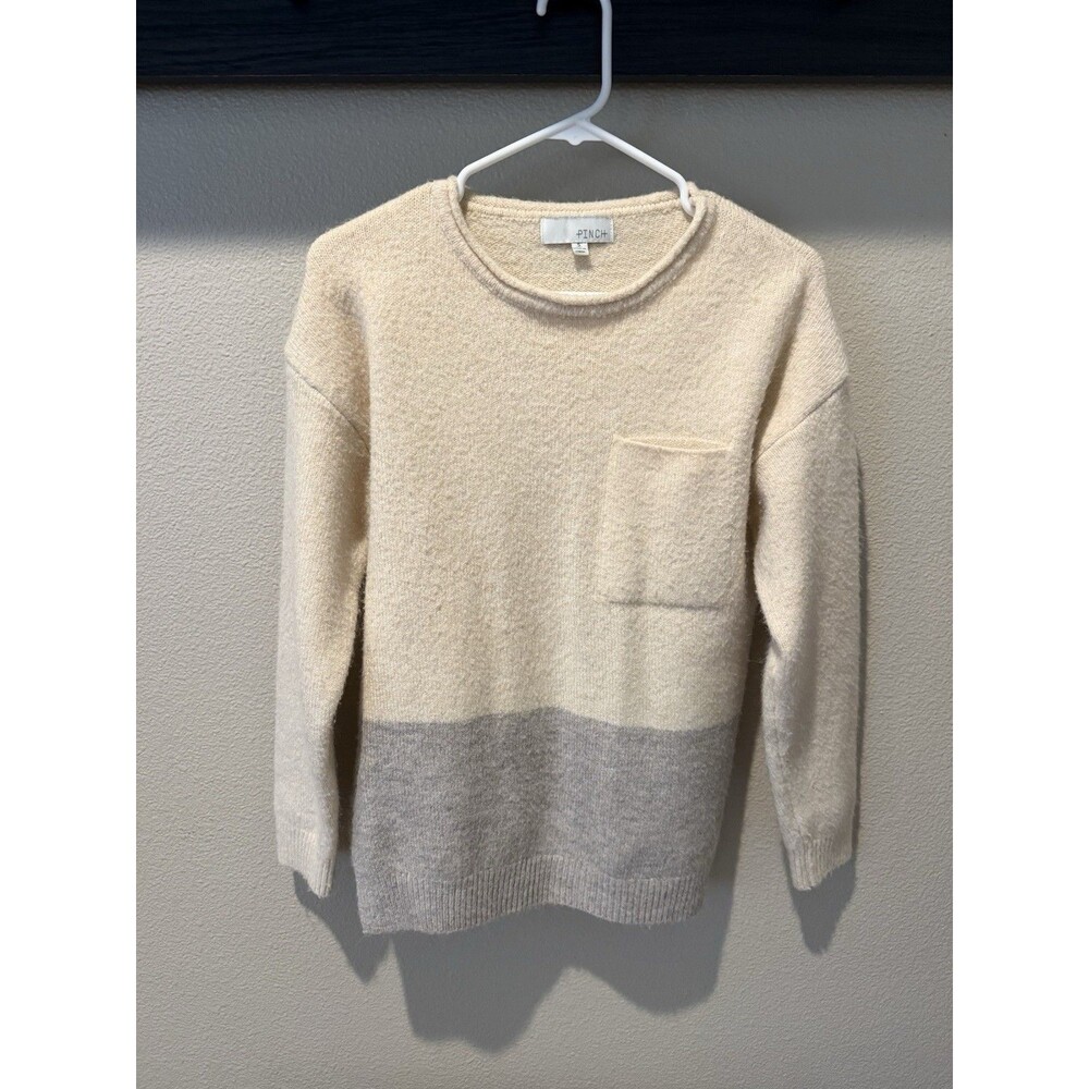 PINCH Womens Two Tone Colorblock Knit Sweater Cream Taupe Crew Neck Small